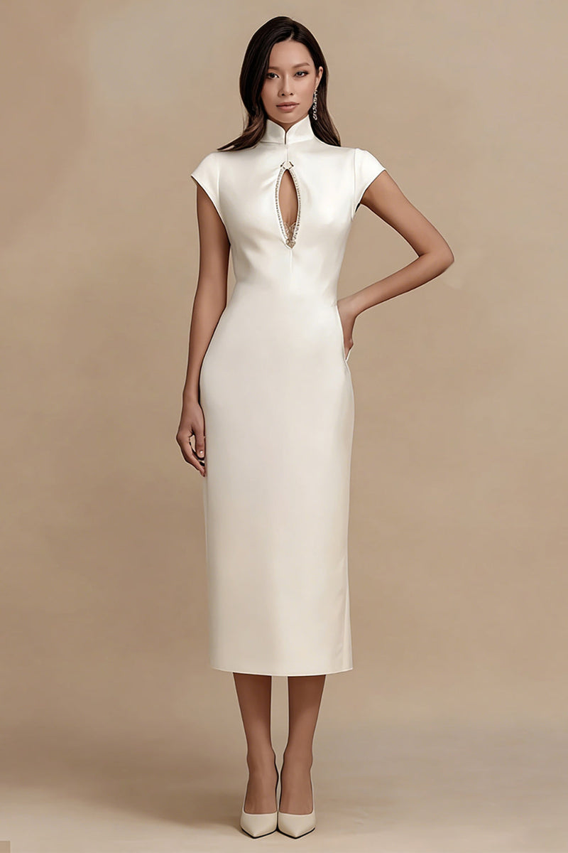 Load image into Gallery viewer, Ivory Satin Cap Sleeves Sheath Midi Engagement Dress