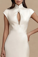 Load image into Gallery viewer, Ivory Satin Cap Sleeves Sheath Midi Engagement Dress