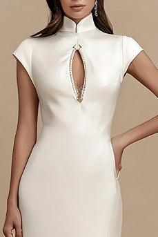 Ivory Satin Cap Sleeves Sheath Midi Engagement Dress