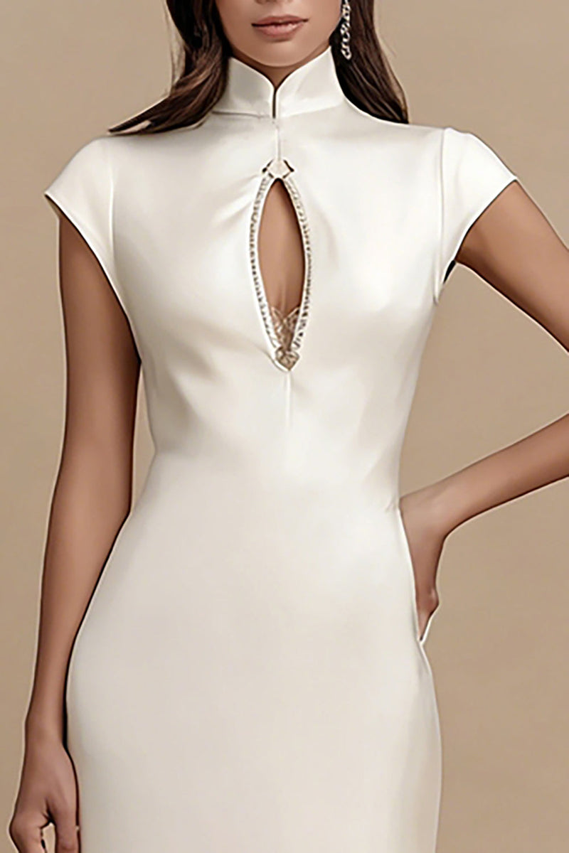 Load image into Gallery viewer, Ivory Satin Cap Sleeves Sheath Midi Engagement Dress