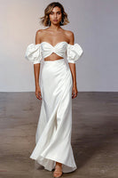 Load image into Gallery viewer, White Satin Puff Sleeves Sheath Long Engagement Dress