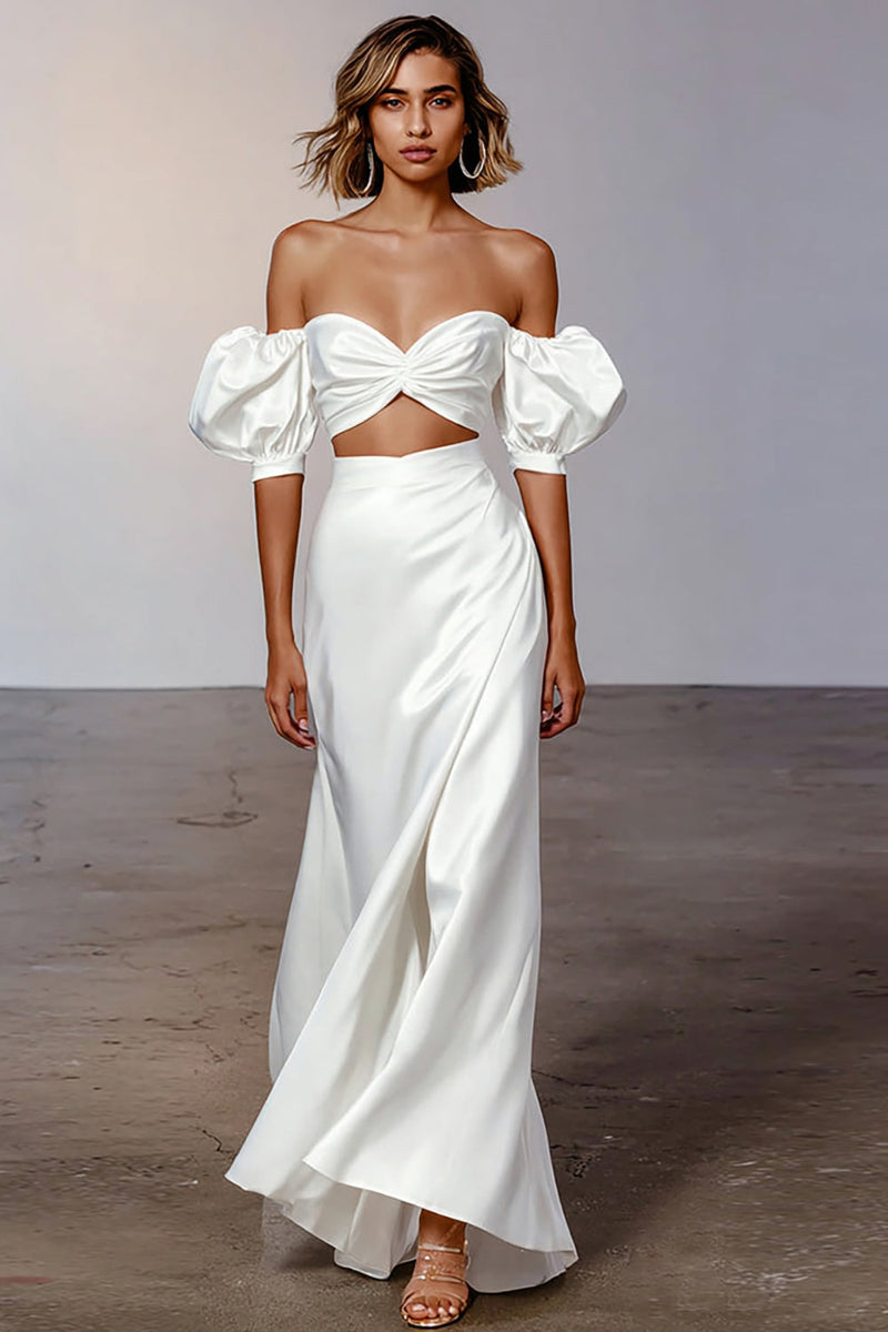 Load image into Gallery viewer, White Satin Puff Sleeves Sheath Long Engagement Dress