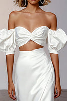 Load image into Gallery viewer, White Satin Puff Sleeves Sheath Long Engagement Dress