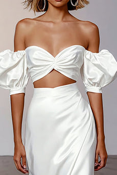 White Satin Puff Sleeves Sheath Long Engagement Dress