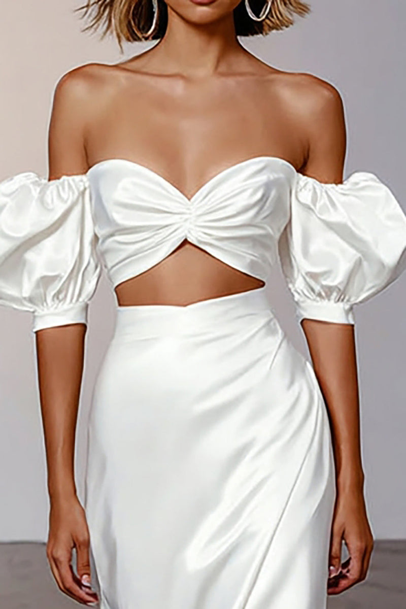 Load image into Gallery viewer, White Satin Puff Sleeves Sheath Long Engagement Dress