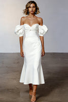 Load image into Gallery viewer, White Satin Off the Shoulder Puff Sleeves Midi Engagement Dress