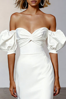 White Satin Off the Shoulder Puff Sleeves Midi Engagement Dress