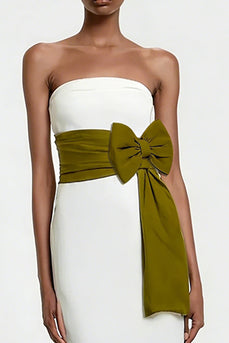 White Strapless Long Sheath Engagement Dress with Bow