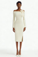 Load image into Gallery viewer, Ivory Off the Shoulder Bodycon Midi Engagement Dress with Slit
