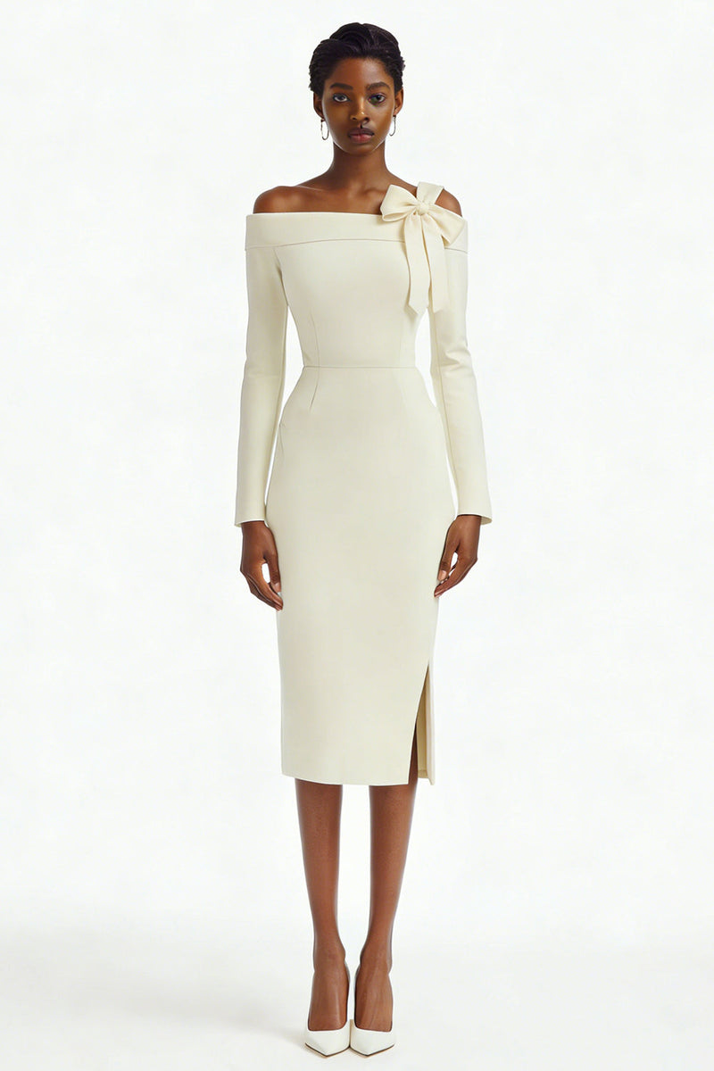 Load image into Gallery viewer, Ivory Off the Shoulder Bodycon Midi Engagement Dress with Slit