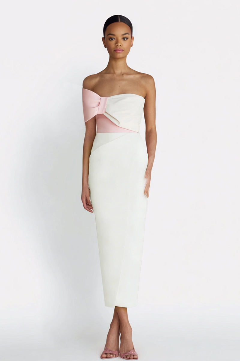 Load image into Gallery viewer, Ivory One Shoulder Sheath Midi Engagement Dress with Bow