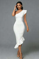 Load image into Gallery viewer, White One Shoulder Midi Mermaid Engagement Dress with Ruffles