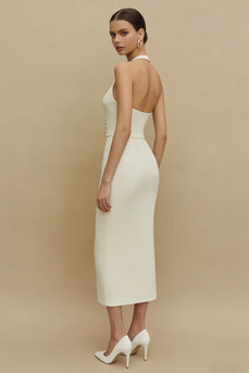 Ivory Halter Sheath Midi Engagement Dress with Buttons