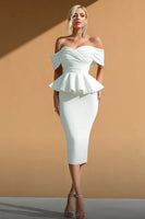 Load image into Gallery viewer, White Off the Shoulder Midi Mermaid Engagement Dress with Ruffles