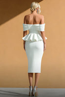 Load image into Gallery viewer, White Off the Shoulder Midi Mermaid Engagement Dress with Ruffles