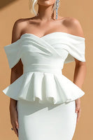 Load image into Gallery viewer, White Off the Shoulder Midi Mermaid Engagement Dress with Ruffles