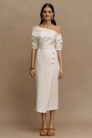 Load image into Gallery viewer, Ivory Sheath One Shoulder Midi Work Dress with Sleeves