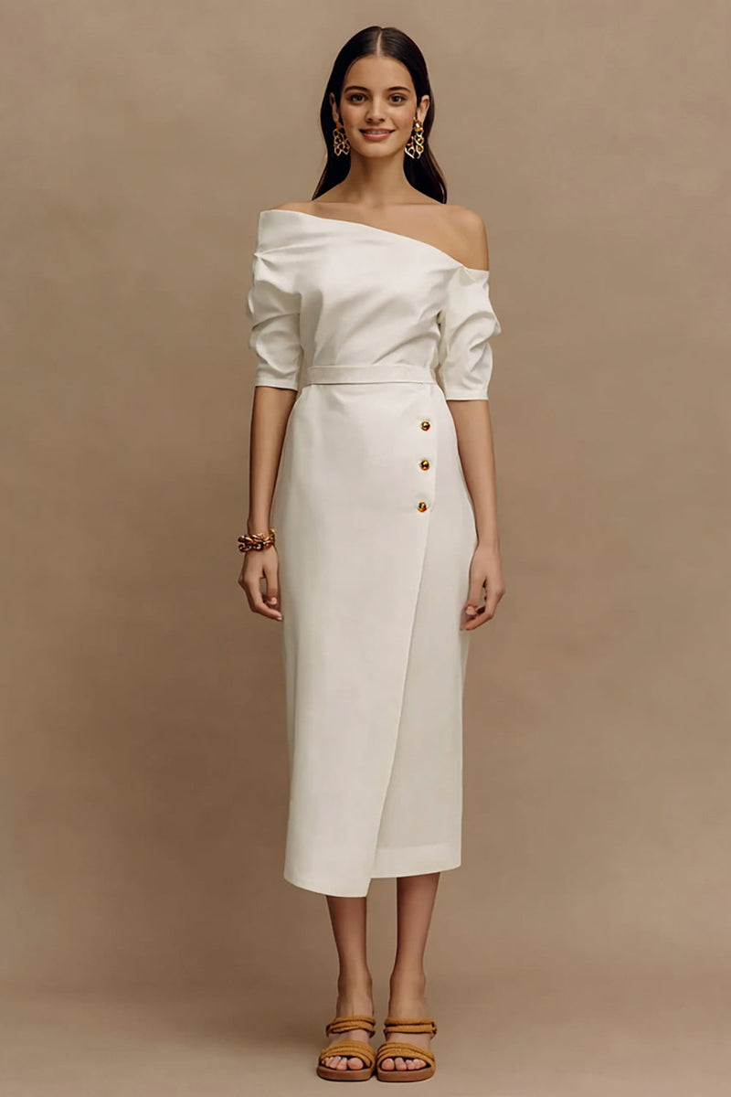 Load image into Gallery viewer, Ivory Sheath One Shoulder Midi Work Dress with Sleeves