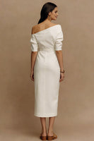 Load image into Gallery viewer, Ivory Sheath One Shoulder Midi Work Dress with Sleeves