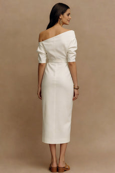 Ivory Sheath One Shoulder Midi Work Dress with Sleeves