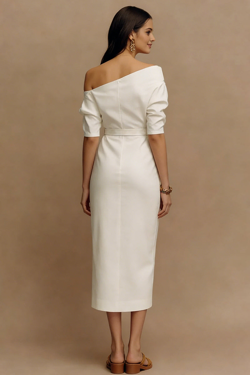 Load image into Gallery viewer, Ivory Sheath One Shoulder Midi Work Dress with Sleeves