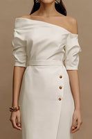 Load image into Gallery viewer, Ivory Sheath One Shoulder Midi Work Dress with Sleeves