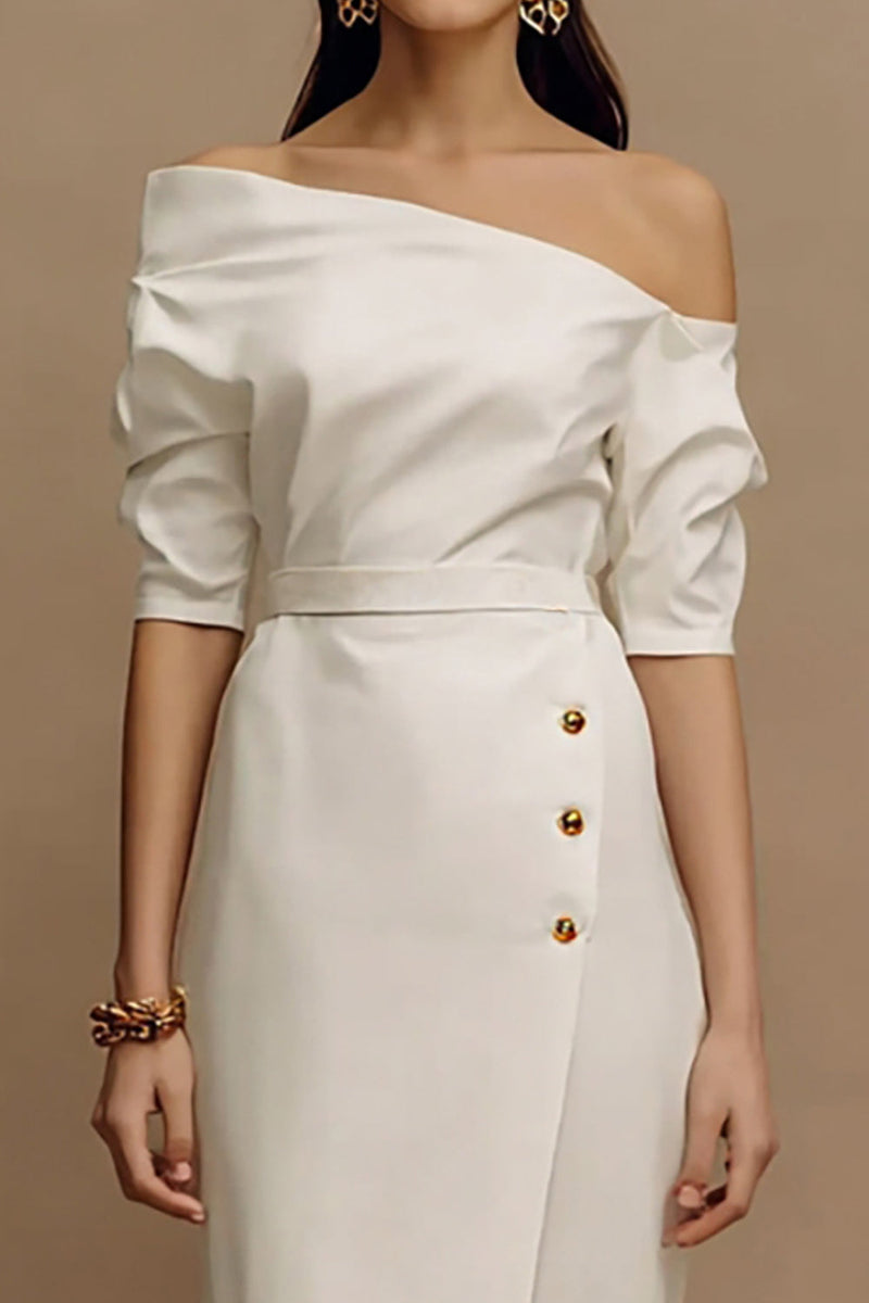 Load image into Gallery viewer, Ivory Sheath One Shoulder Midi Work Dress with Sleeves