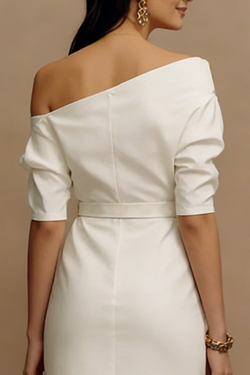 Load image into Gallery viewer, Ivory Sheath One Shoulder Midi Work Dress with Sleeves