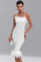 Load image into Gallery viewer, White Satin Midi Bodycon Engagement Dress with Feathers