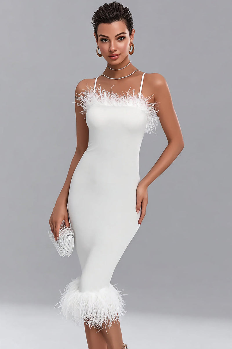 Load image into Gallery viewer, White Satin Midi Bodycon Engagement Dress with Feathers