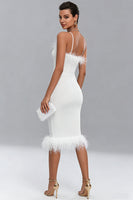 Load image into Gallery viewer, White Satin Midi Bodycon Engagement Dress with Feathers