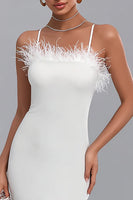 Load image into Gallery viewer, White Satin Midi Bodycon Engagement Dress with Feathers