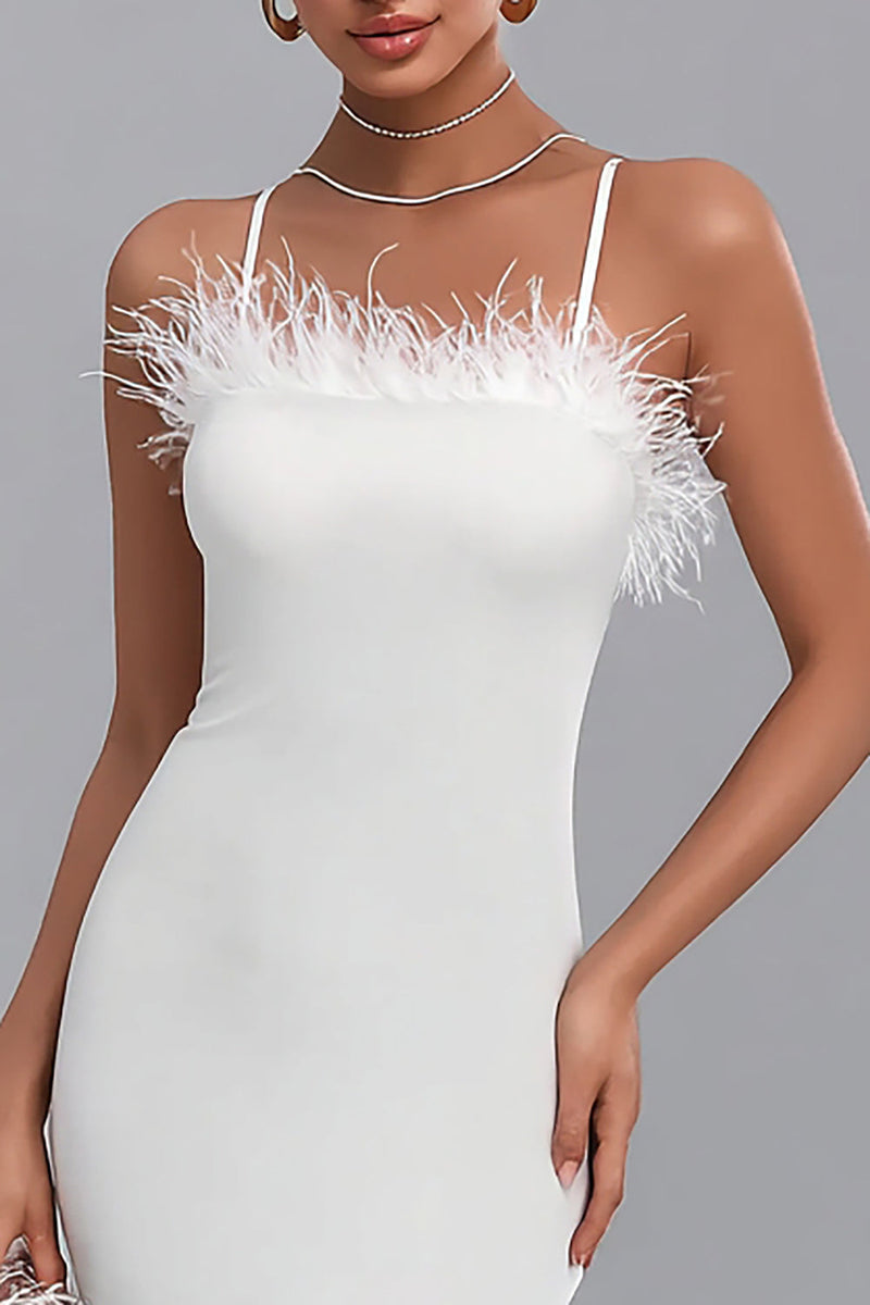 Load image into Gallery viewer, White Satin Midi Bodycon Engagement Dress with Feathers