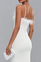 Load image into Gallery viewer, White Satin Midi Bodycon Engagement Dress with Feathers