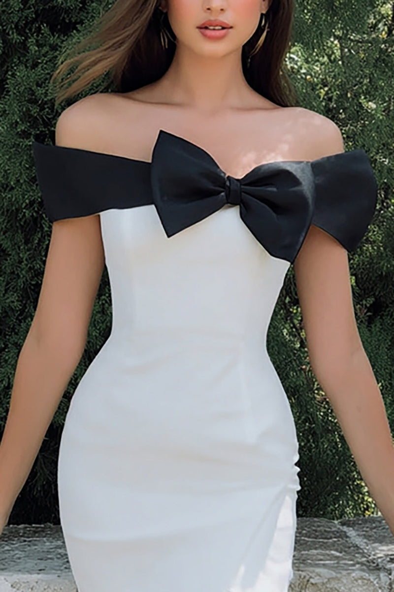 Load image into Gallery viewer, Black and White Off the Shoulder Bodycon Midi Engagement Dress with Bow