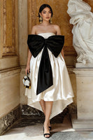 Load image into Gallery viewer, Black and White A Line Asymmetrical Satin Engagement Dress with Bow