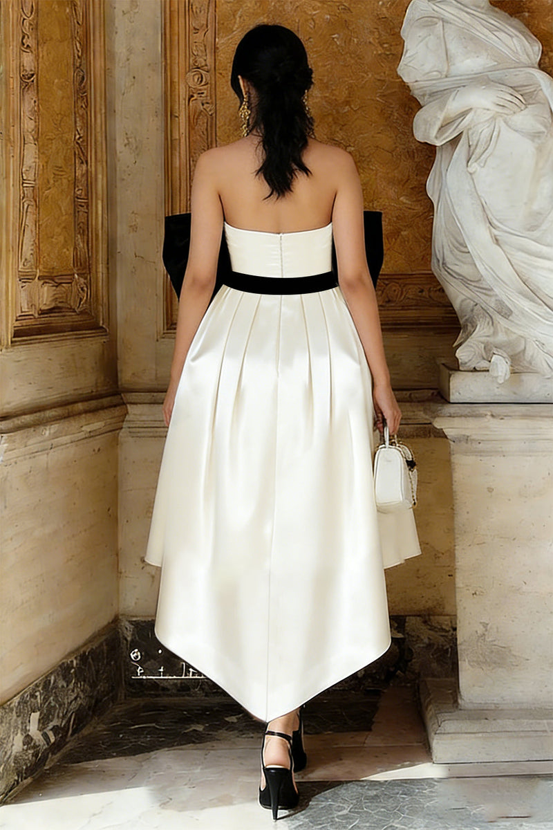 Load image into Gallery viewer, Black and White A Line Asymmetrical Satin Engagement Dress with Bow