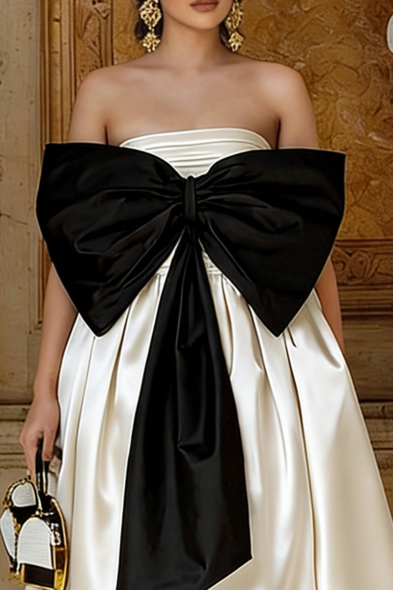 Load image into Gallery viewer, Black and White A Line Asymmetrical Satin Engagement Dress with Bow