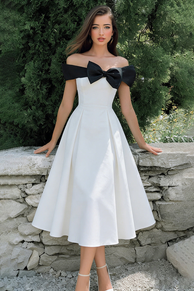 Load image into Gallery viewer, Black and White A Line Off the Shoulder Midi Engagement Dress with Bow