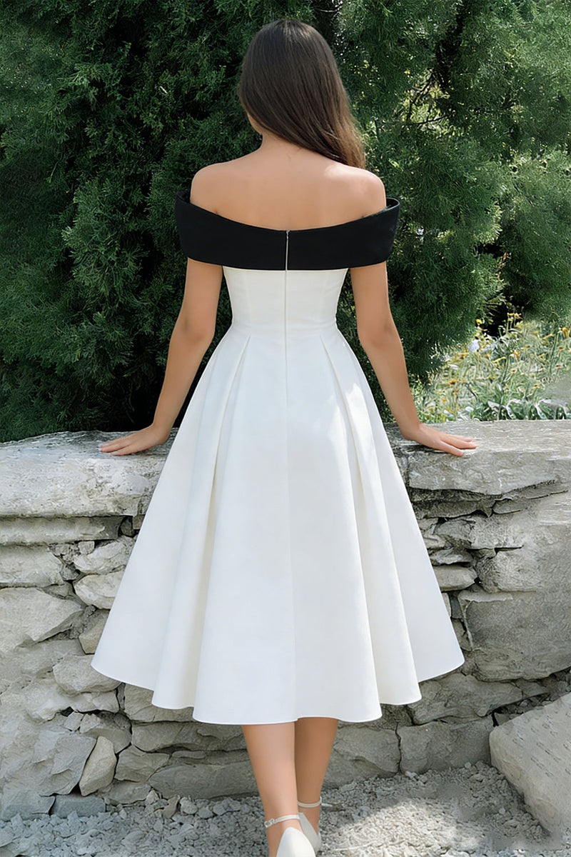 Load image into Gallery viewer, Black and White A Line Off the Shoulder Midi Engagement Dress with Bow