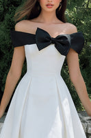 Load image into Gallery viewer, Black and White A Line Off the Shoulder Midi Engagement Dress with Bow