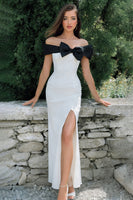 Load image into Gallery viewer, Black and White Off the Shoulder Long Sheath Engagement Dress with Slit