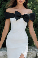 Load image into Gallery viewer, Black and White Off the Shoulder Long Sheath Engagement Dress with Slit