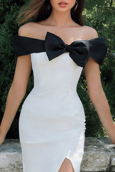 Black and White Off the Shoulder Long Sheath Engagement Dress with Slit