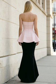 Black and Pink Strapless Ruffled Long Mermaid Formal Dress