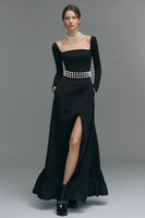 Load image into Gallery viewer, Black Square Neck A Line Long Sleeves Formal Dress with Slit
