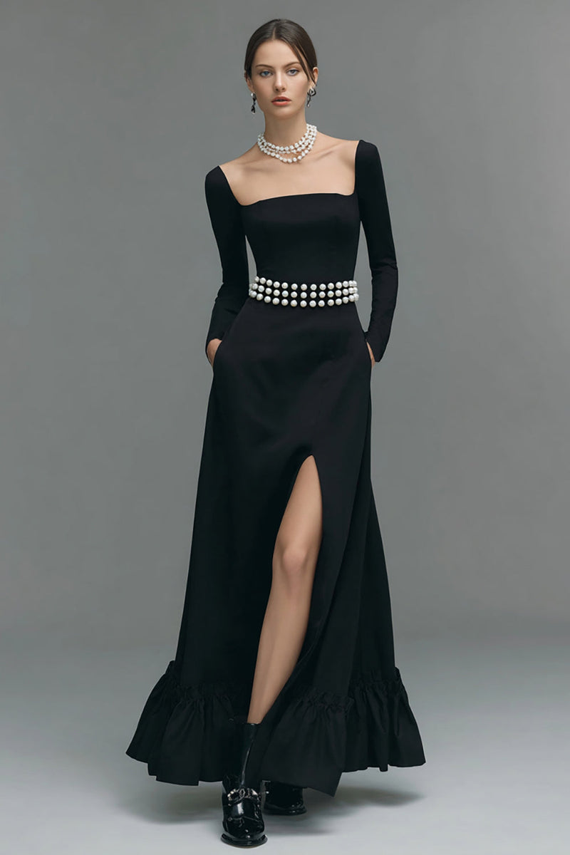 Load image into Gallery viewer, Black Square Neck A Line Long Sleeves Formal Dress with Slit