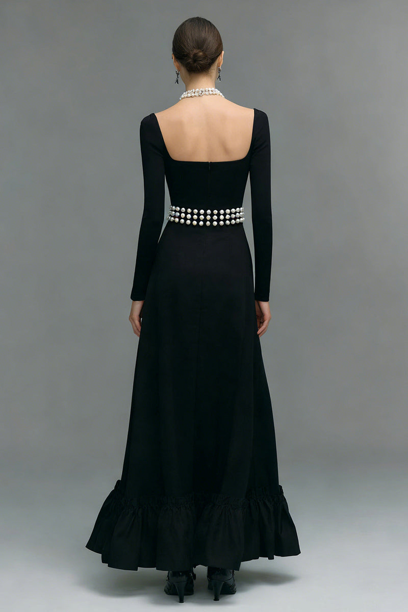 Load image into Gallery viewer, Black Square Neck A Line Long Sleeves Formal Dress with Slit
