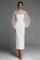 Load image into Gallery viewer, Ivory Puff Sleeves Sheath Midi Engagement Dress