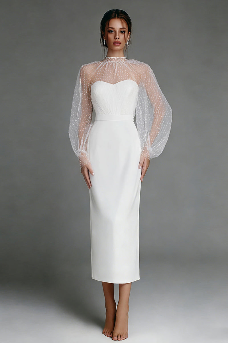 Load image into Gallery viewer, Ivory Puff Sleeves Sheath Midi Engagement Dress